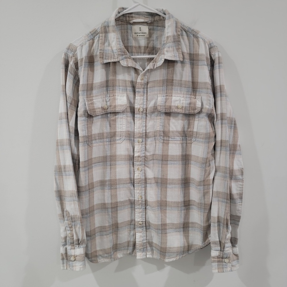 Mutual Weave Mens‎ Button Up Shirt Size Medium Plaid Cotton Neutral